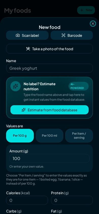 Original CalorieSmart My foods screen showing how to add a food